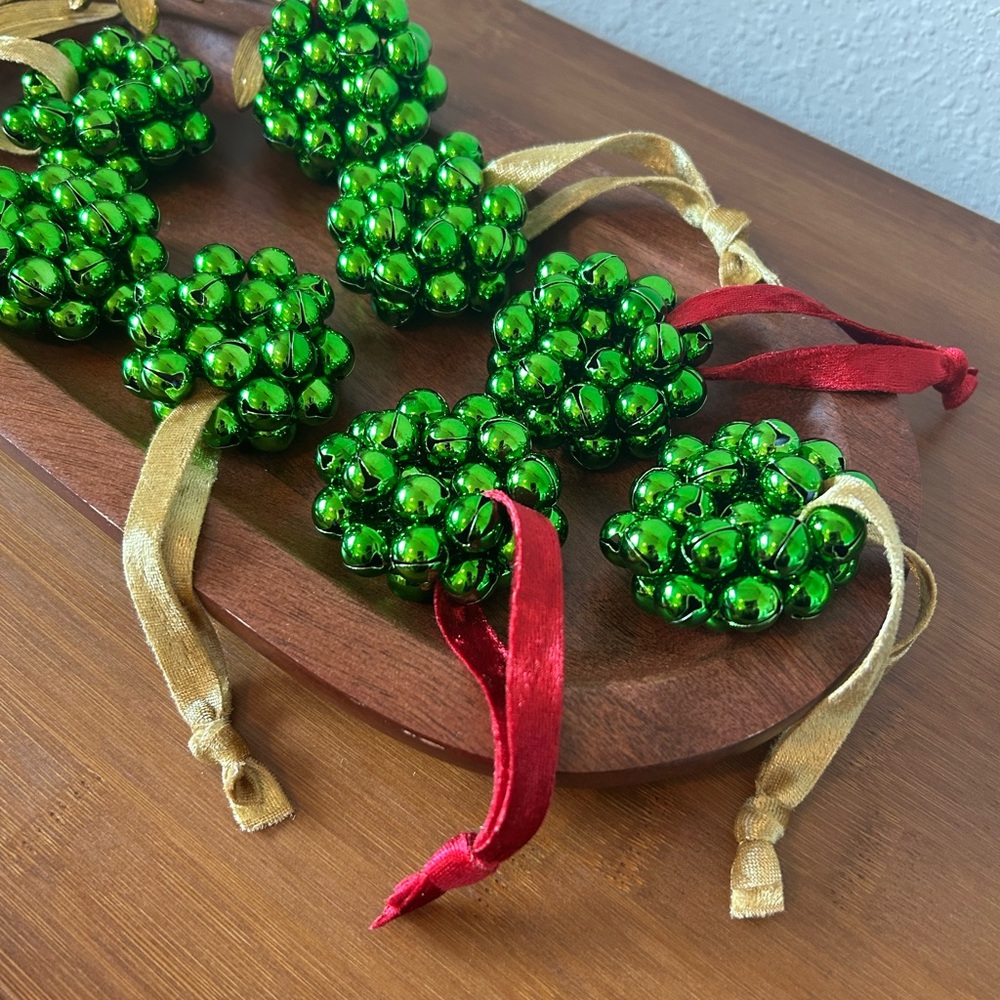 8 Elegant Green Beaded Holiday Ornaments with Gold and Red Velvet Ribbons